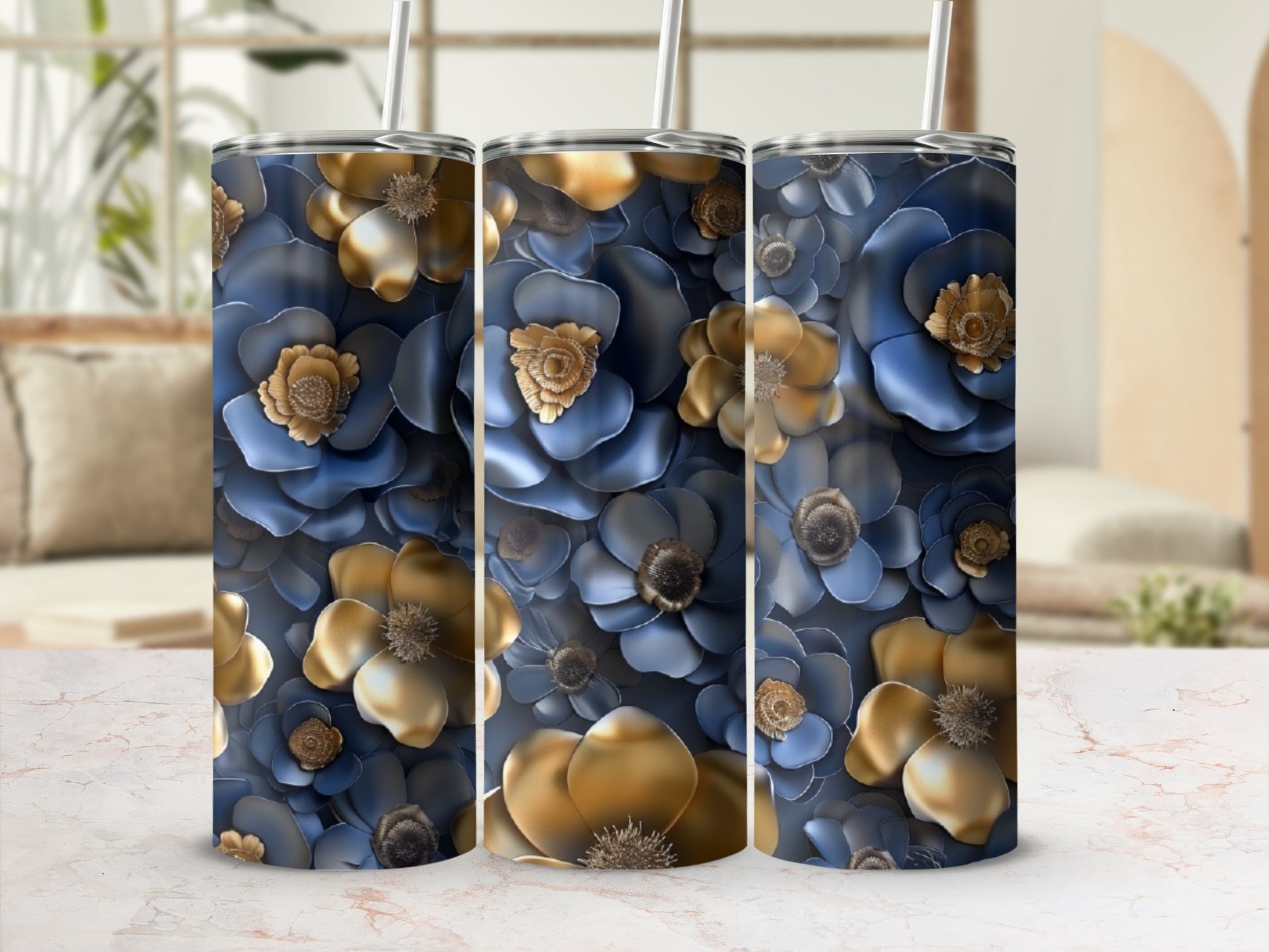 Tapered tumbler with blue and gold floral pattern.