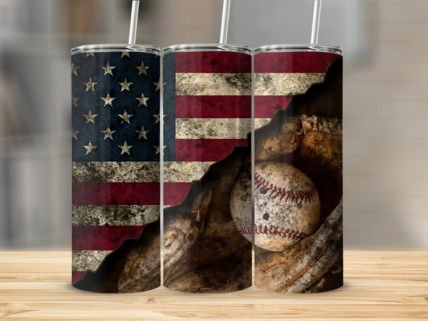Rustic American Flag and Baseball Design Tumbler