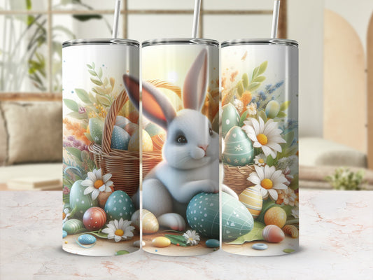 Easter bunny and decorated eggs in a spring garden setting.