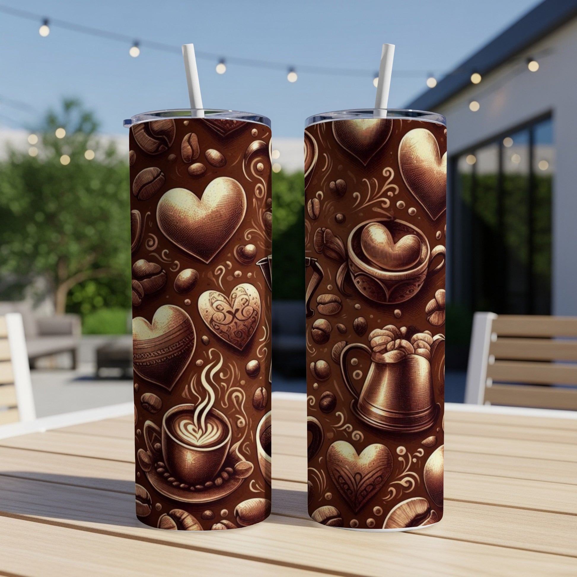 Two brown tumblers with coffee hearts and beans pattern.