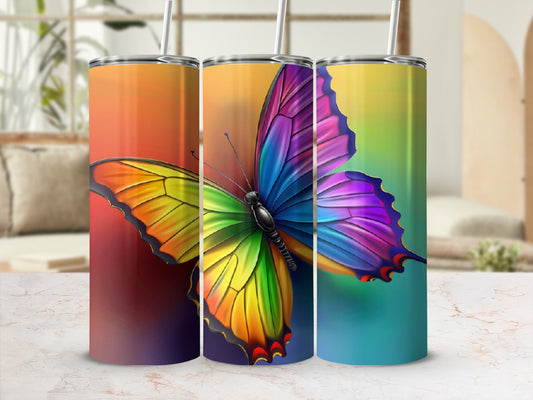 Rainbow butterfly tumbler with straw, shown from multiple angles.