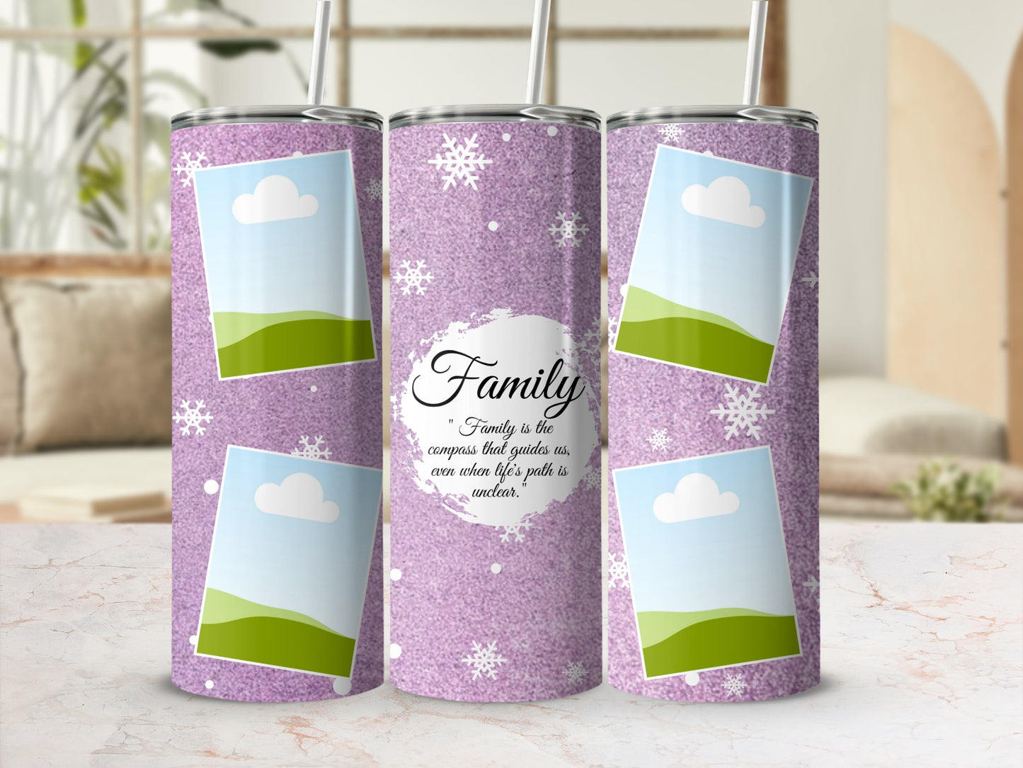 Purple glitter tumbler with snowflakes and photo placeholders, featuring "Family" quote.