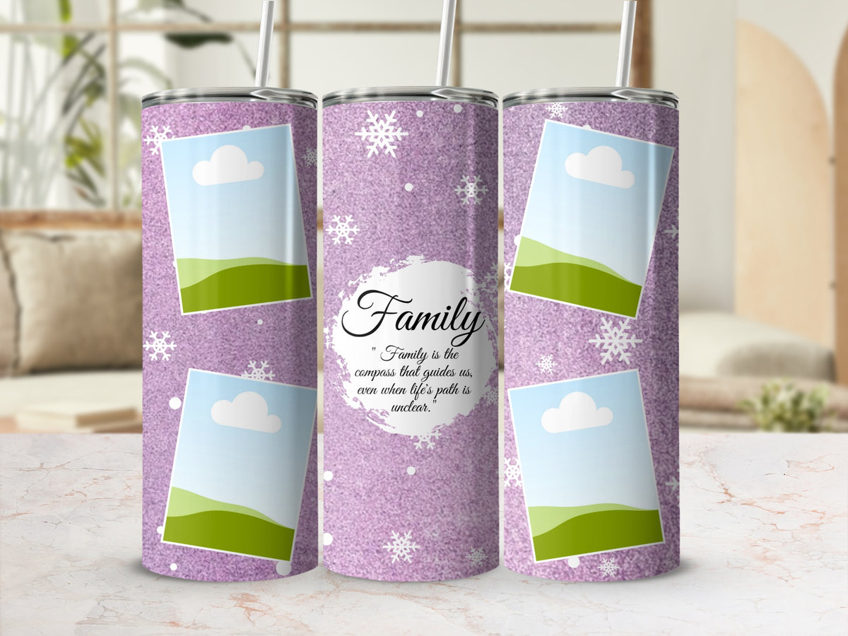 Purple glitter tumbler with snowflakes and photo placeholders, featuring "Family" quote.