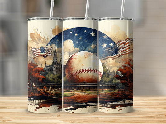 Patriotic Baseball Themed Tumbler with American Flags