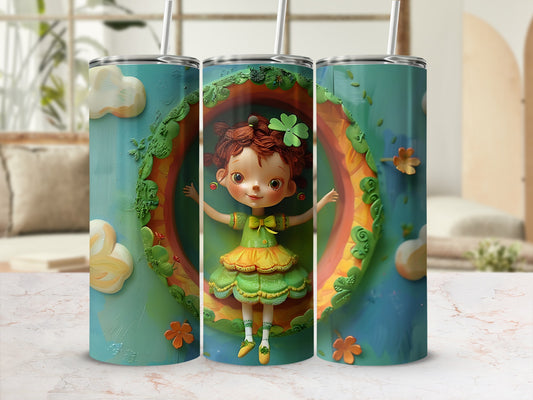 Cute cartoon girl in green and yellow dress within a colorful rainbow arch.