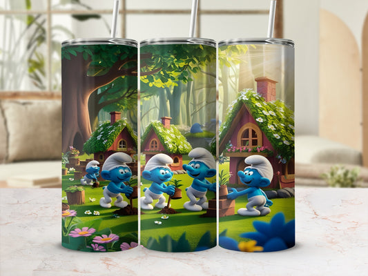 Three Smurfs in a forest with tiny houses, one holding a plant.