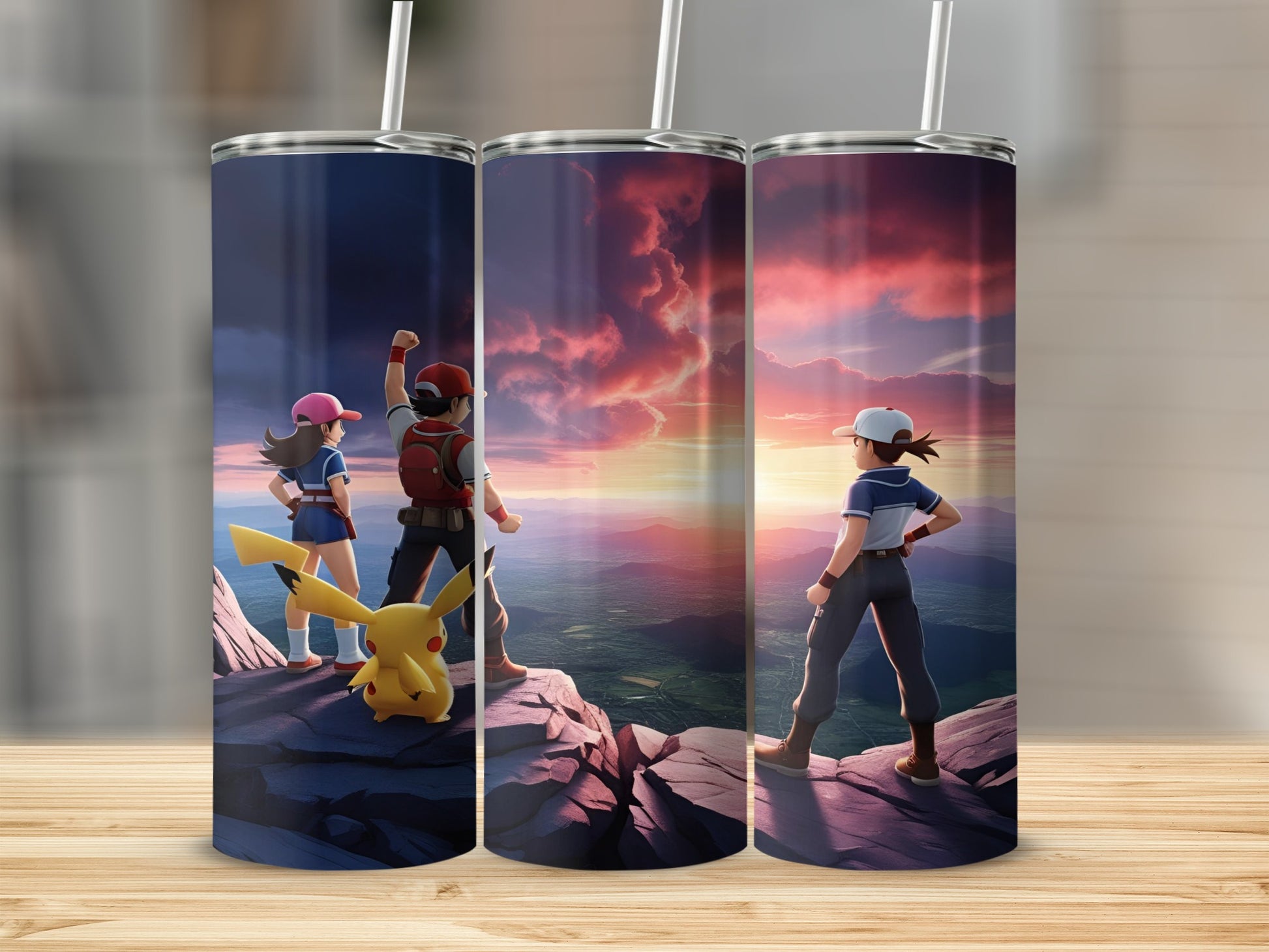 Pokemon characters Ash, Misty, and Pikachu stand on a cliff at sunset.