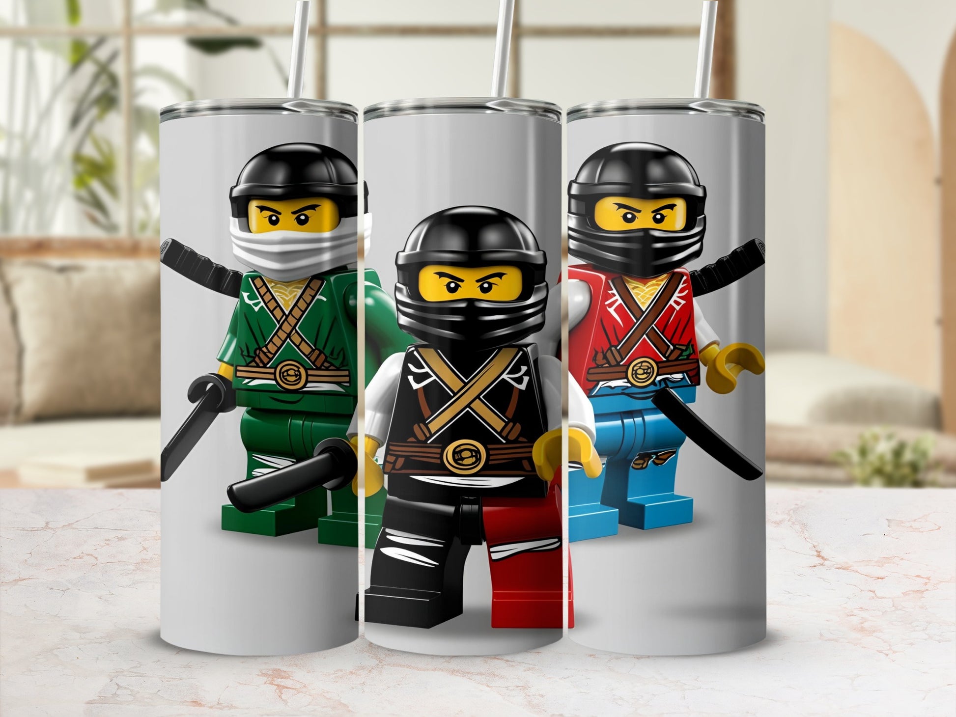 Three Ninjago characters in green, black, and red costumes stand on tumblers.