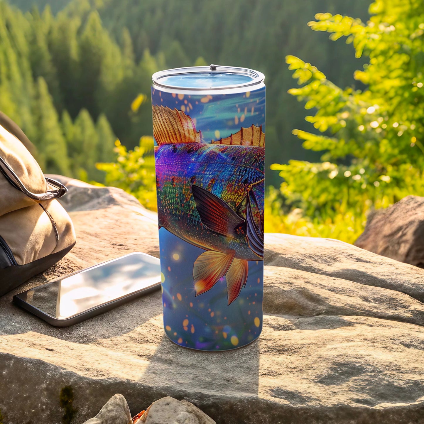 Rainbow-colored fish design on a blue tumbler with sparkles.