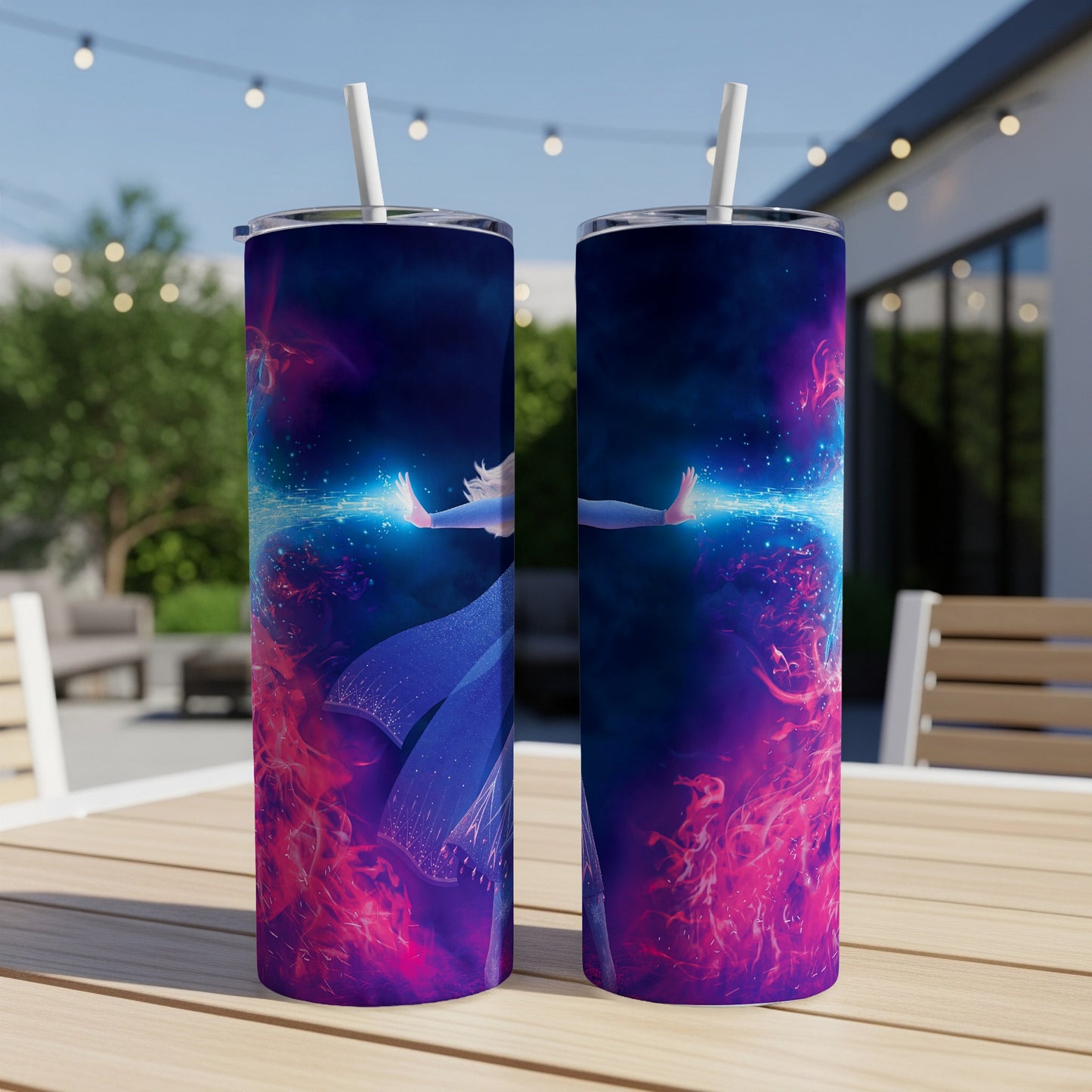 Two tumblers featuring Elsa from Frozen in a dynamic, icy blue and pink cosmic background.
