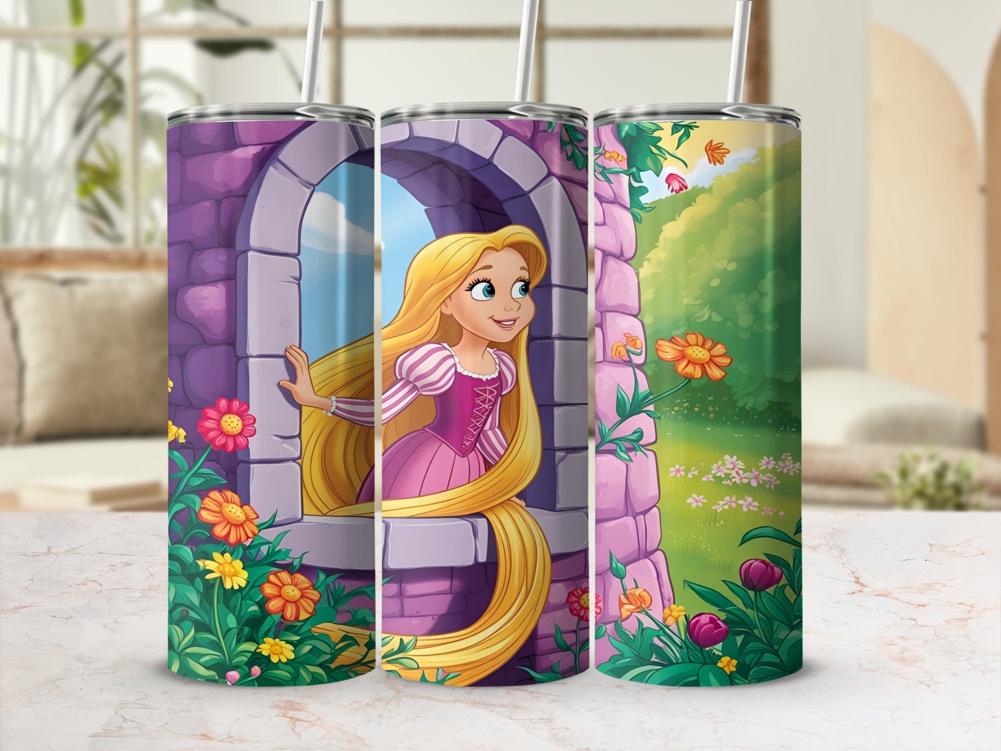 Rapunzel's tower window with flowers and winding hair, digital art.