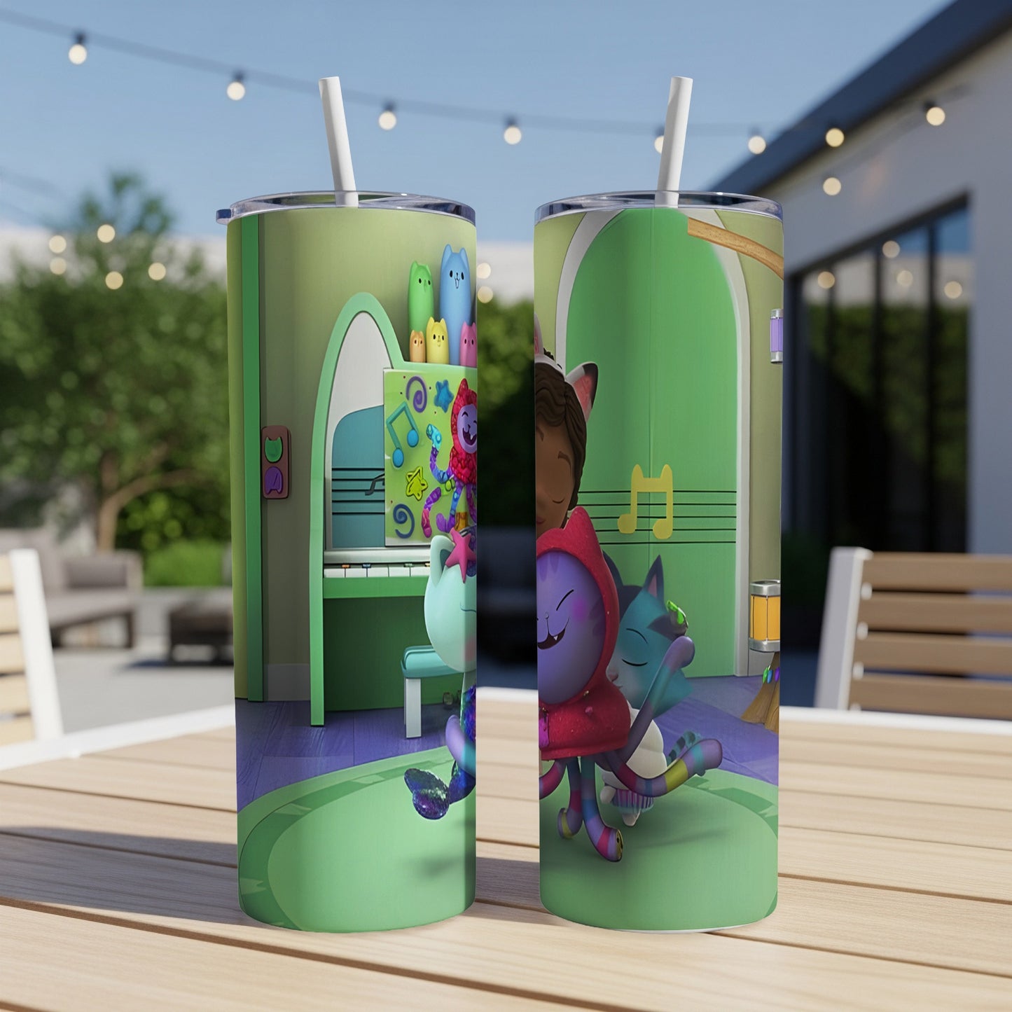 Two tumblers with cartoon characters hugging, featuring musical notes.
