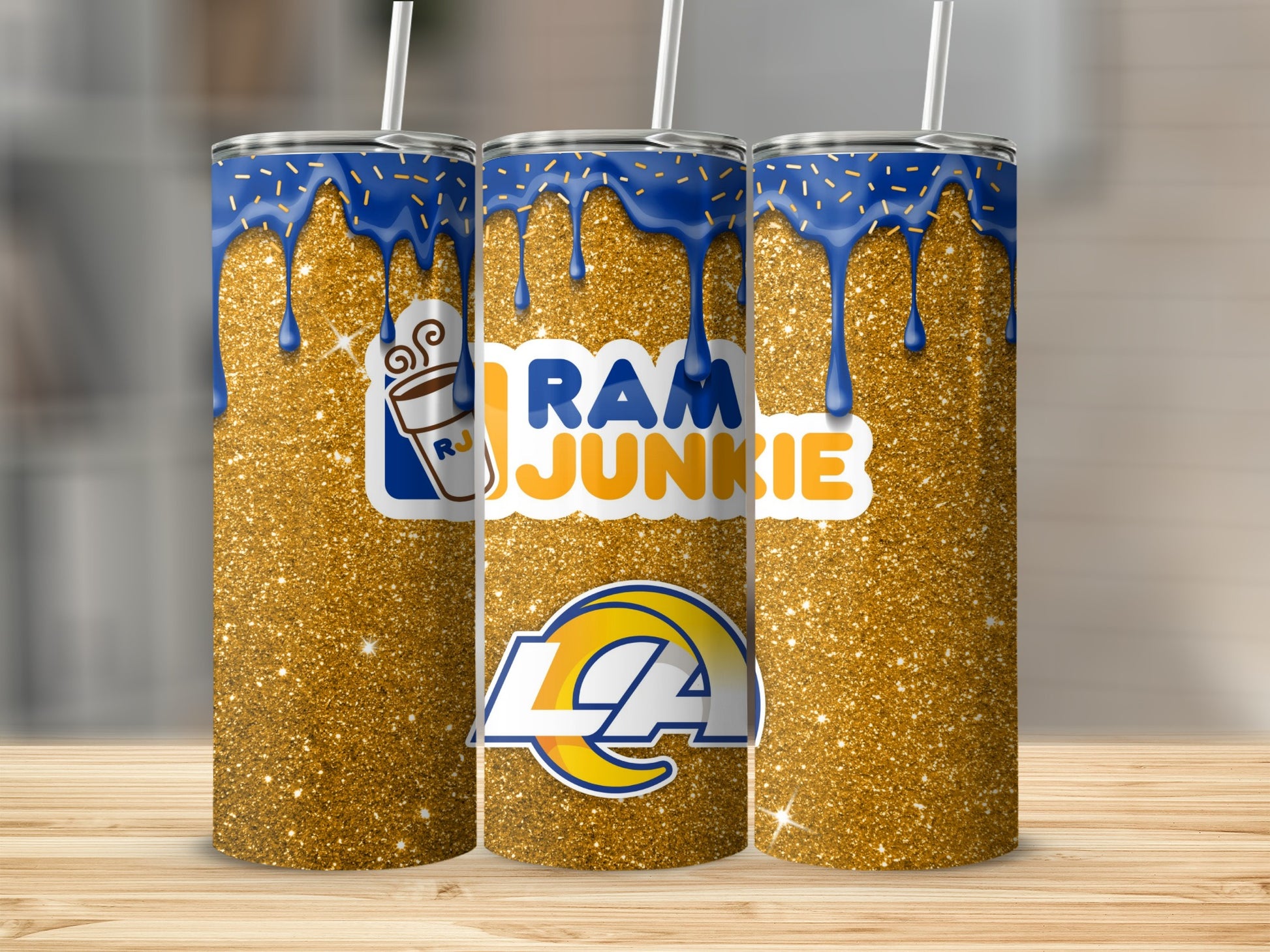 Glittery Blue and Gold Ram Junkie Tumbler with Straw
