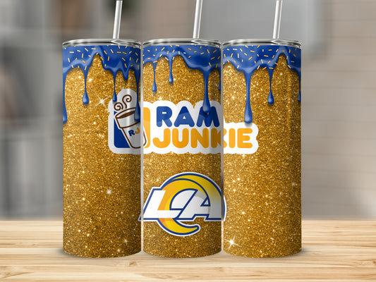Glittery Blue and Gold Ram Junkie Tumbler with Straw