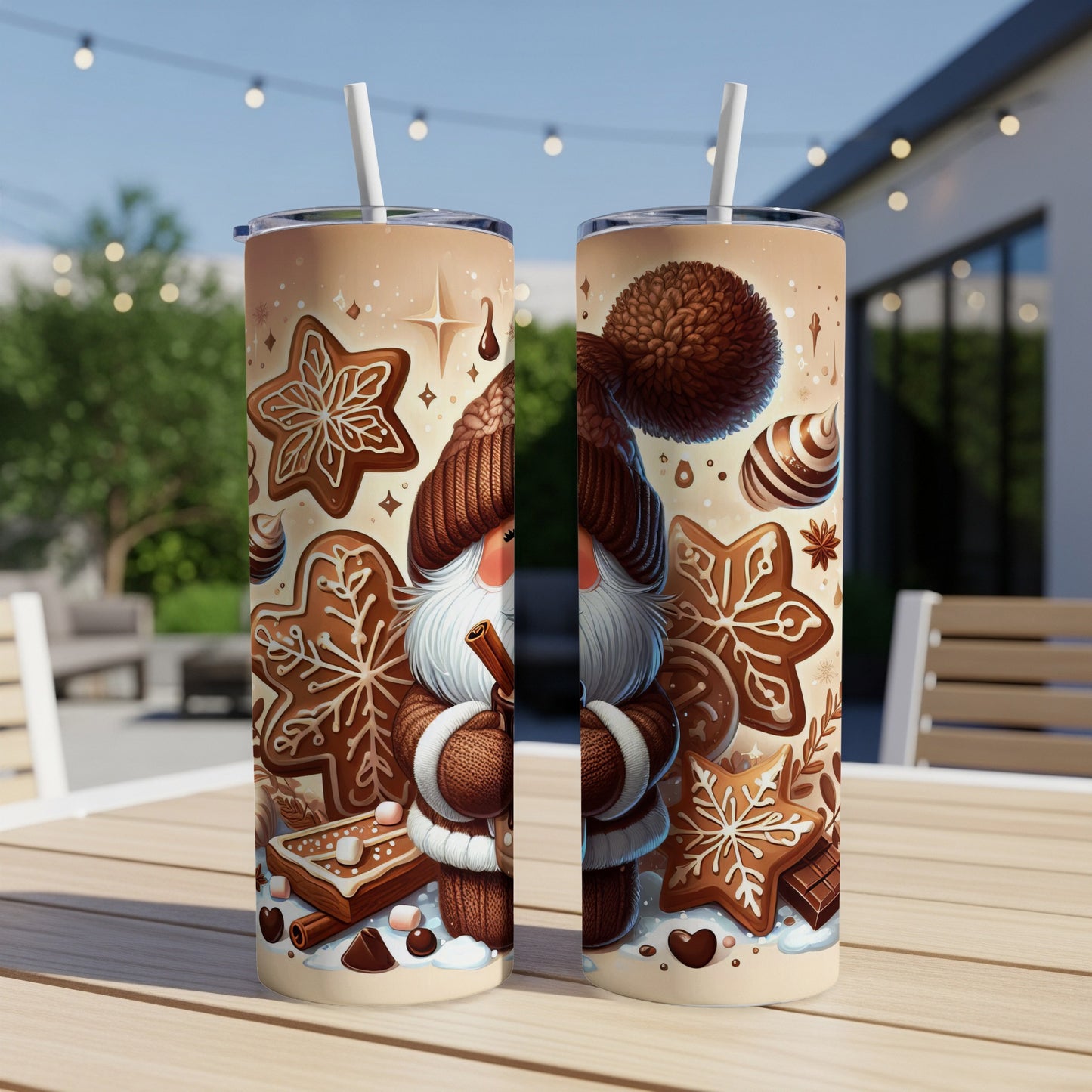 Santa Claus and gingerbread cookies on a festive holiday tumbler.