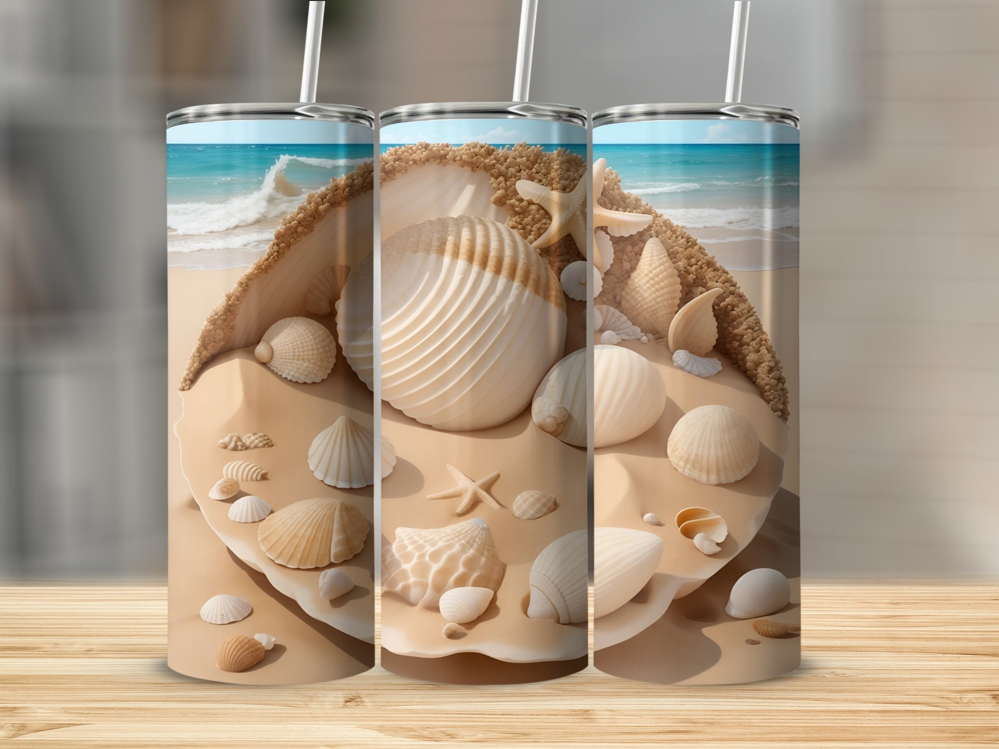 Three tumblers featuring a beach scene with seashells and starfish.