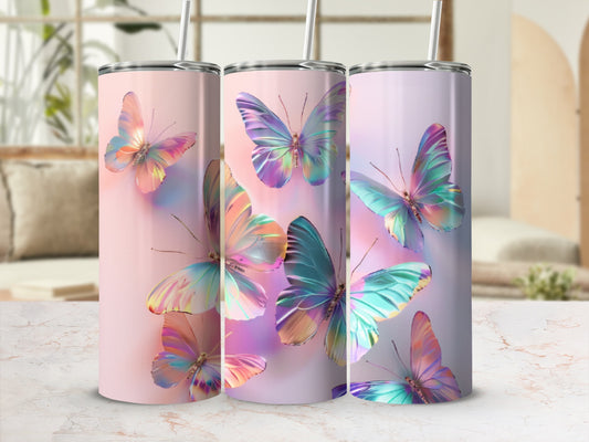 Three tumblers with iridescent butterfly designs in a soft pink and purple gradient.