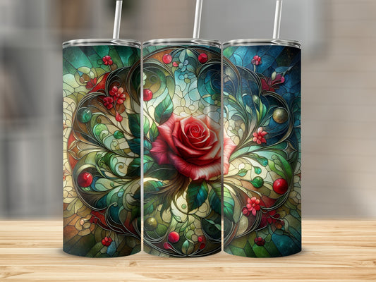 Three stained glass tumblers with a red rose design.
