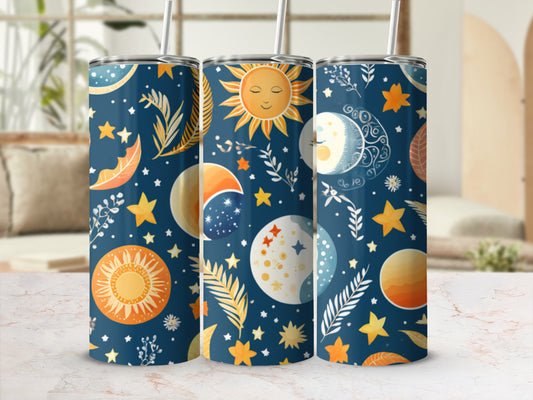 Celestial sun, moon, and star pattern on a dark blue tumbler.