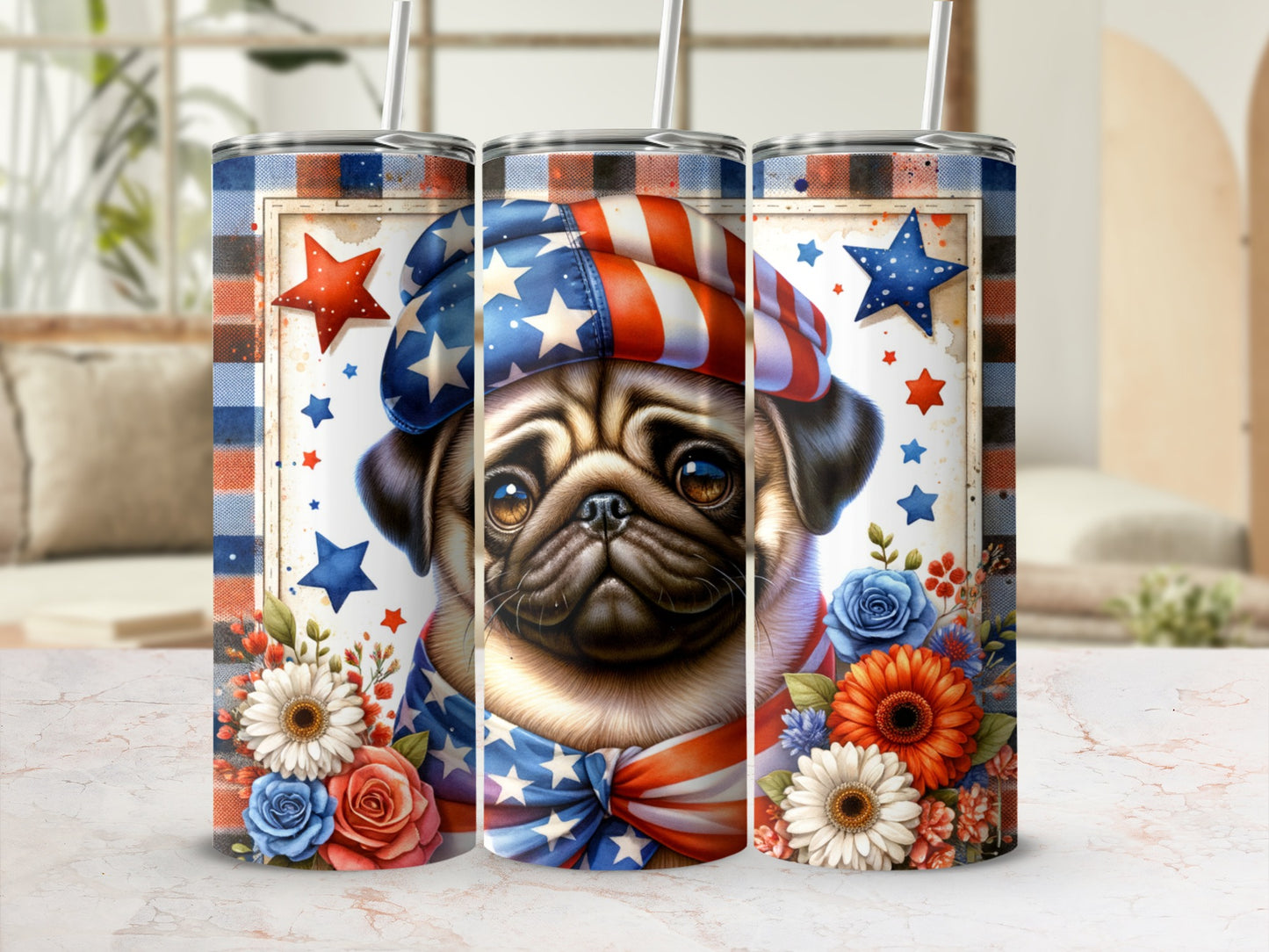Triptych tumbler featuring a pug in patriotic attire with stars and flowers.