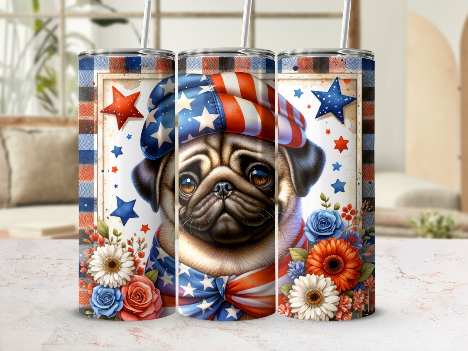 Triptych tumbler featuring a pug in patriotic attire with stars and flowers.
