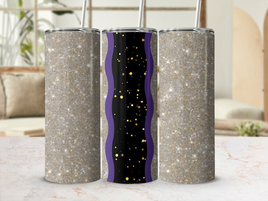 Glitter tumbler with purple and gold wavy stripe design.