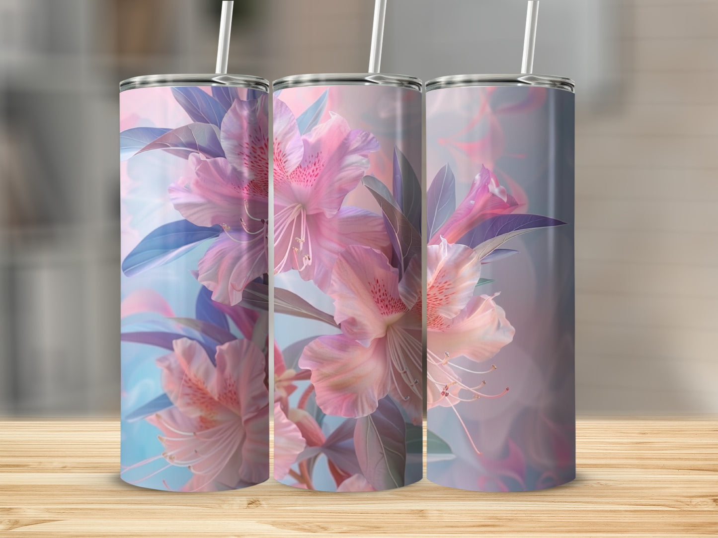 Three tumblers featuring soft pink azalea blossoms against a watercolor background.