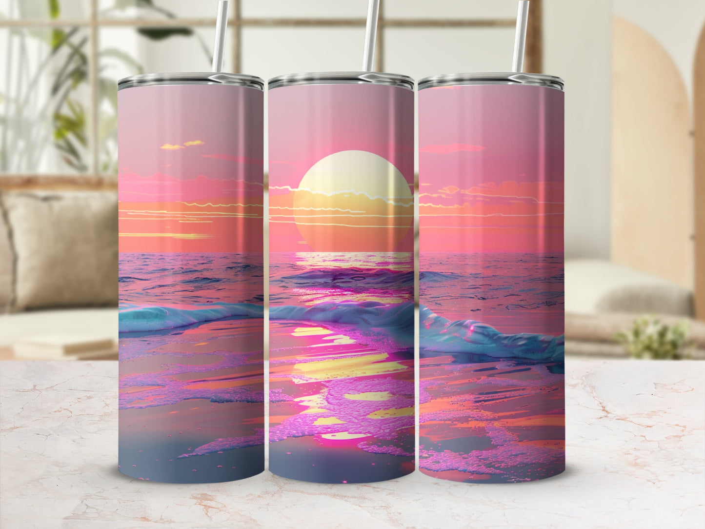 Pink sunset ocean waves reflected on a tumbler.
