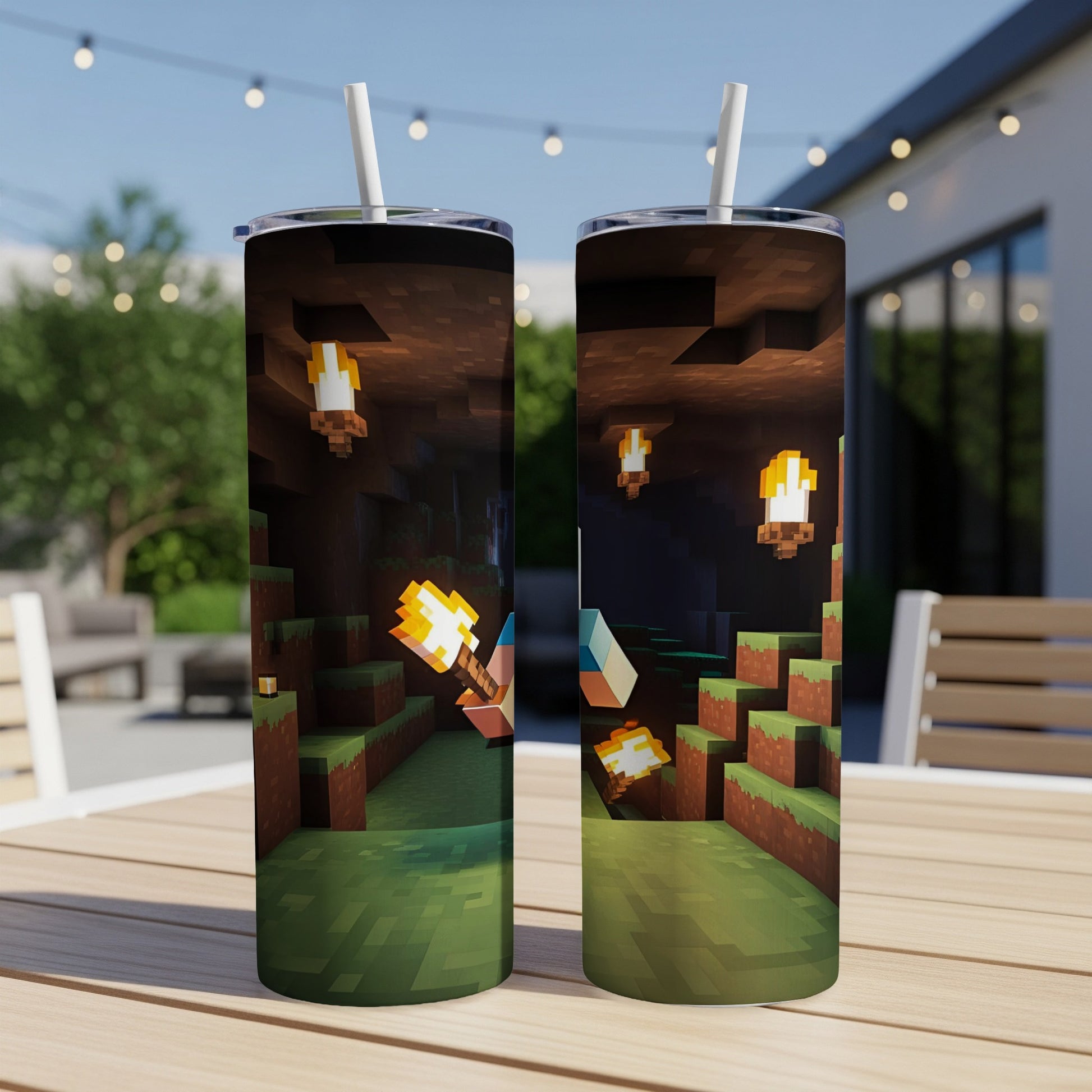 Minecraft cave scene with torches and blocks on a tumbler.