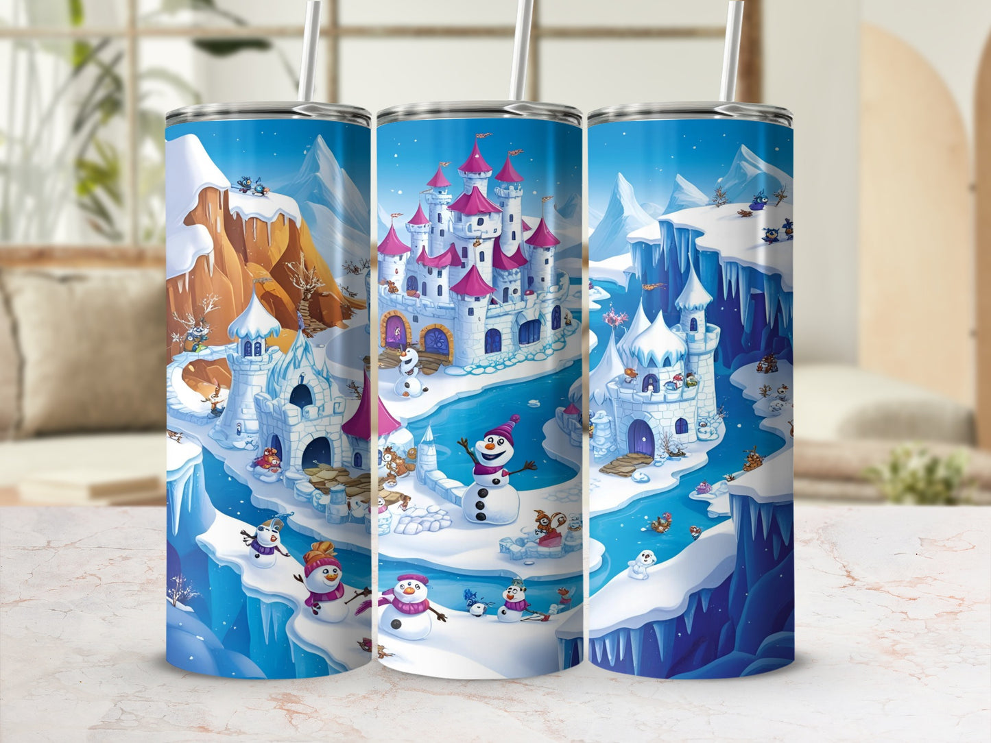 Winter castle with snowmen and penguins on icy landscape.