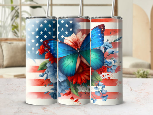 American flag patterned tumblers with blue butterfly and floral accents.
