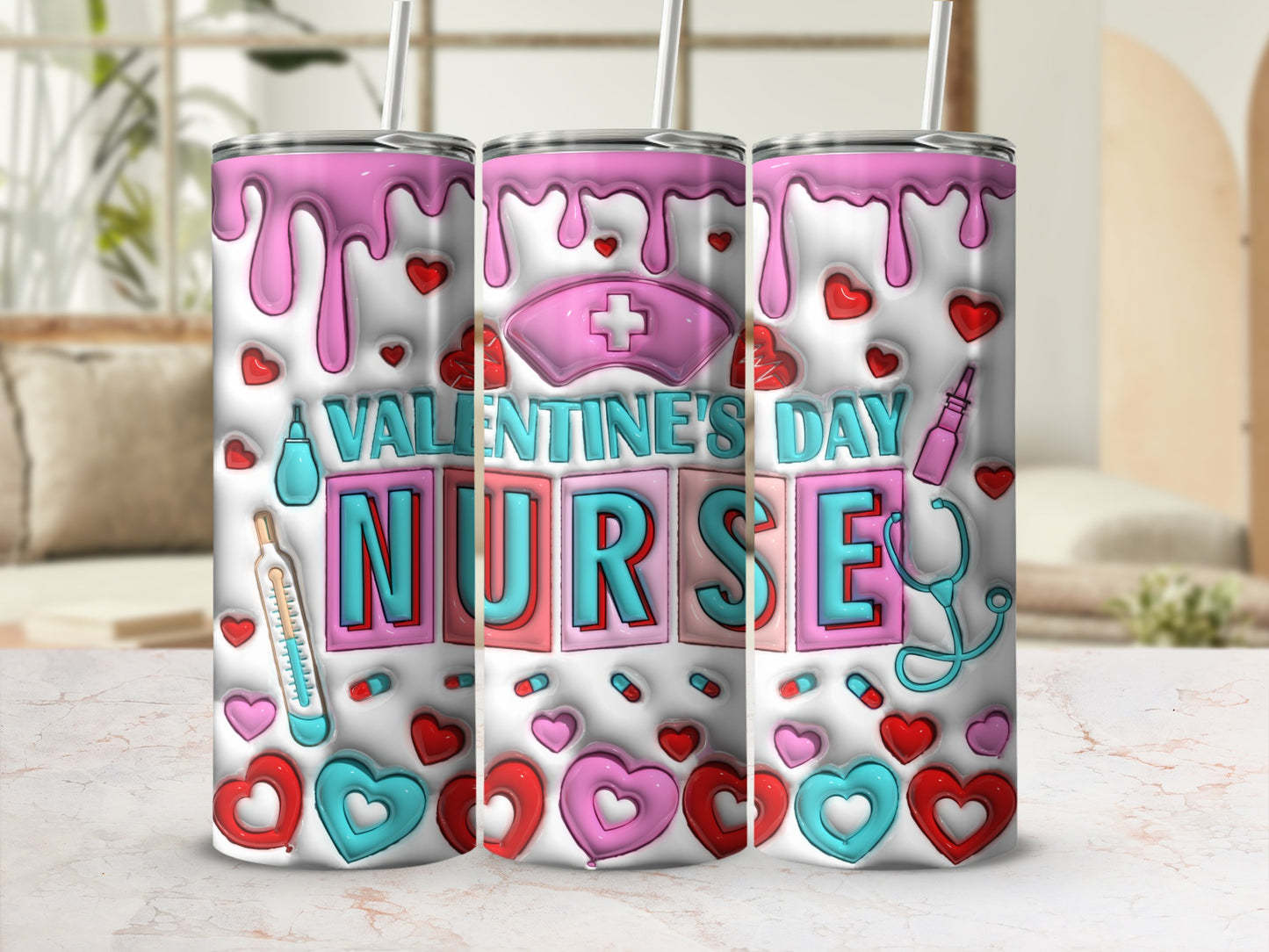 Valentine's Day Nurse tumbler with hearts, stethoscope, and thermometer.