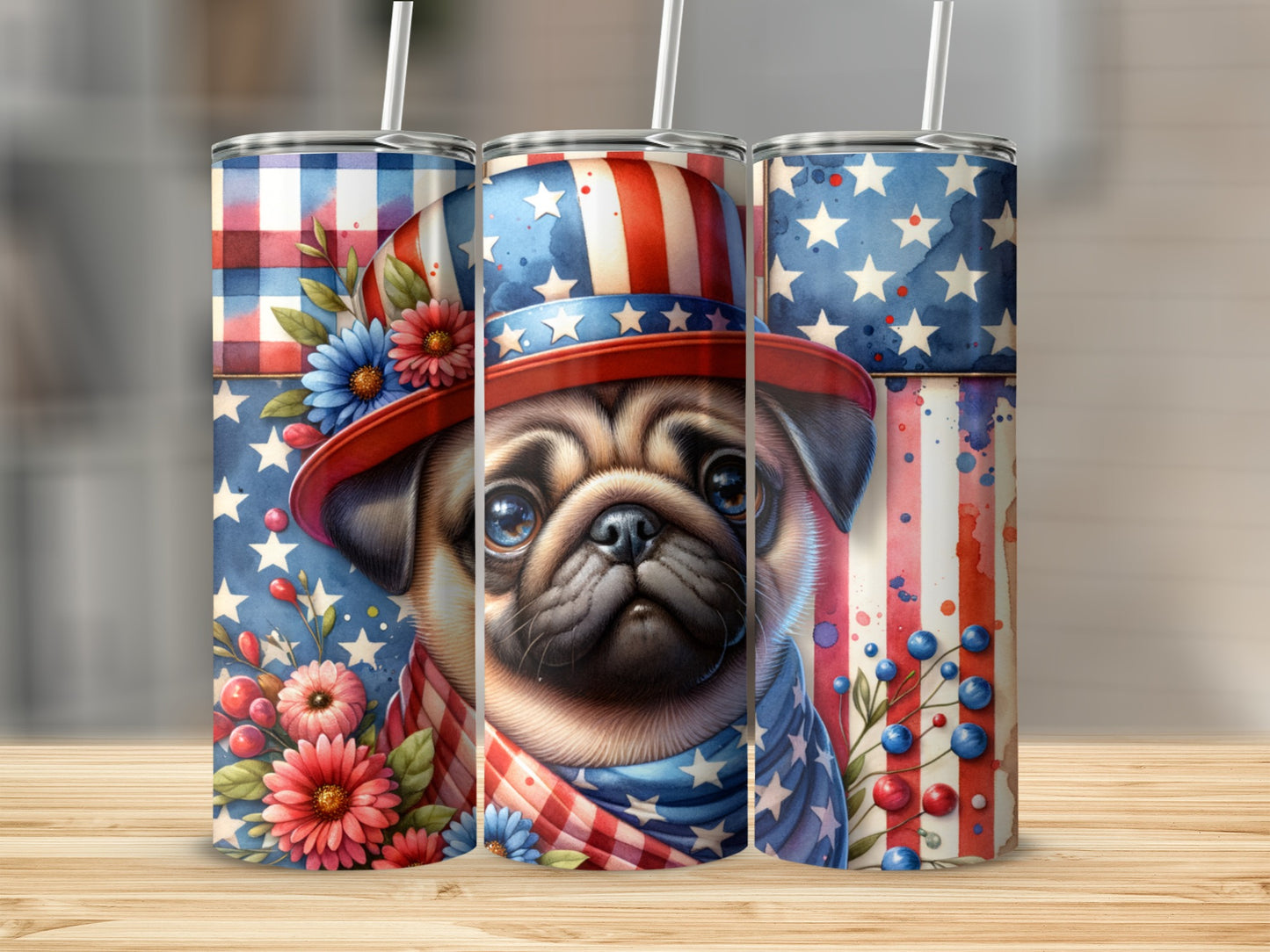 Patriotic pug wearing a hat and bandana, surrounded by floral and star designs.