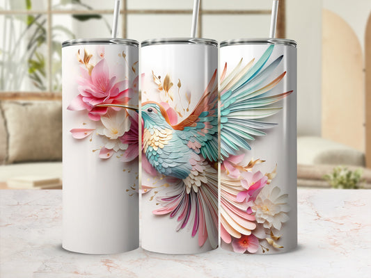 Vibrant Layered Hummingbird Floral Tumbler Product Type
Hummingbird, Floral, Tumbler, Drinkware, Bird art, Pink flowers, Teal bird, Paper cut style, Layered design, Vibrant colors, Nature inspired, Aesthetic design, Gift idea, Unique art, Beverage holder, Insulated cup, Botanical, Gold accents, Wildlife decor, Modern art