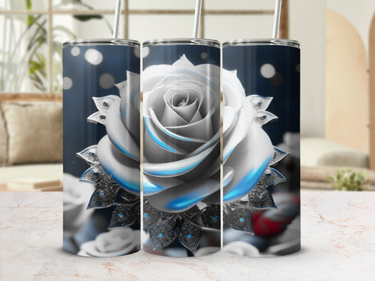Three tumblers featuring a white and blue rose with glitter accents.