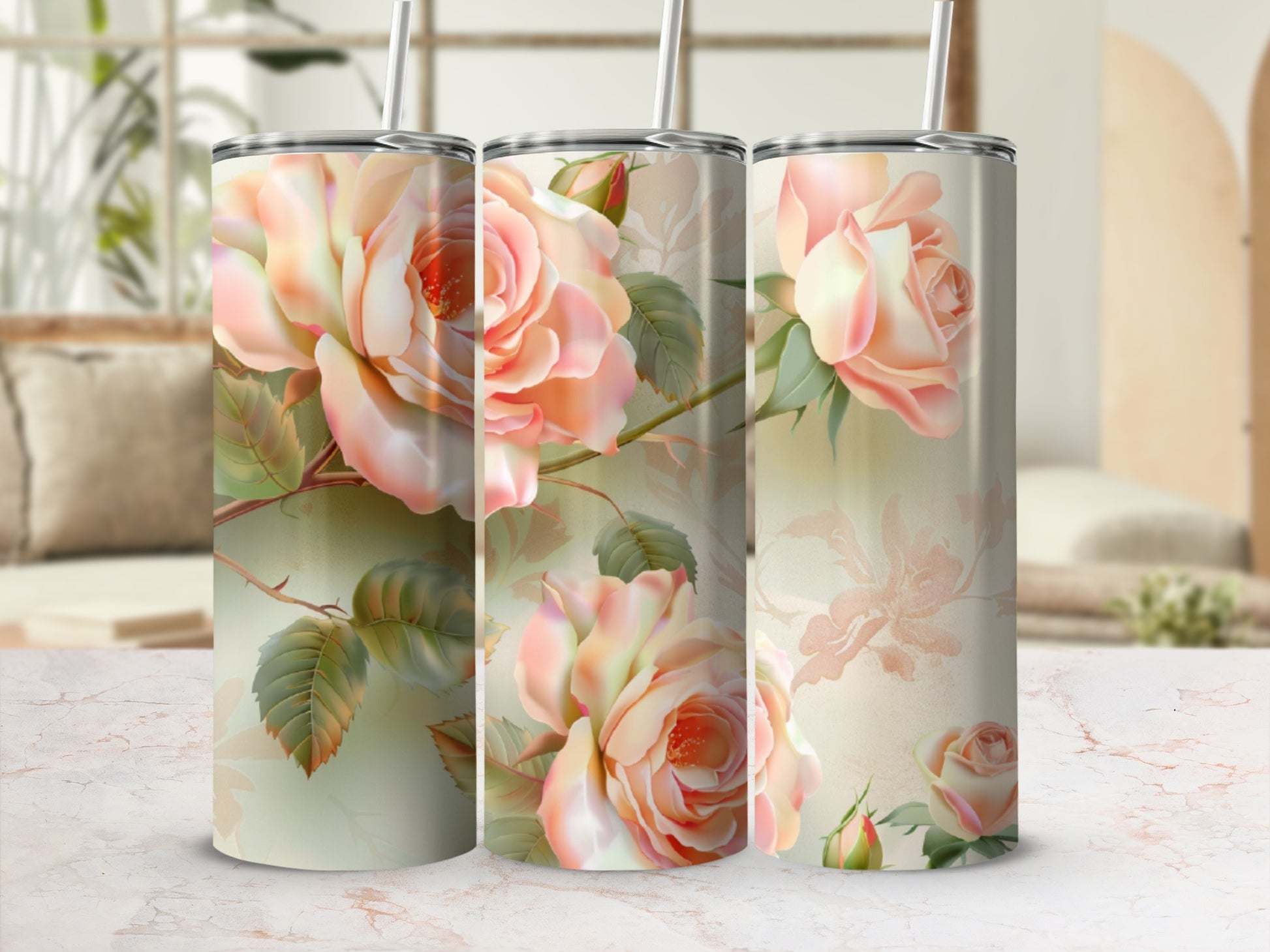 Three tumblers featuring a close-up floral pattern of light pink and peach roses.