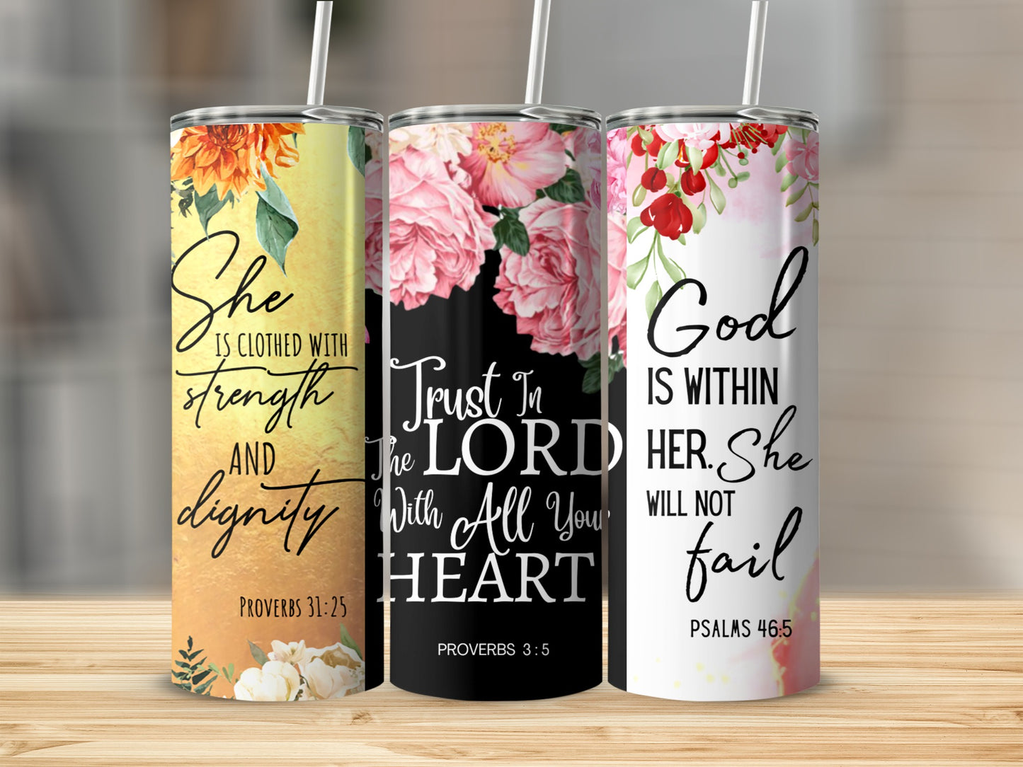 Inspirational Bible Verses Floral Drink Tumbler Set