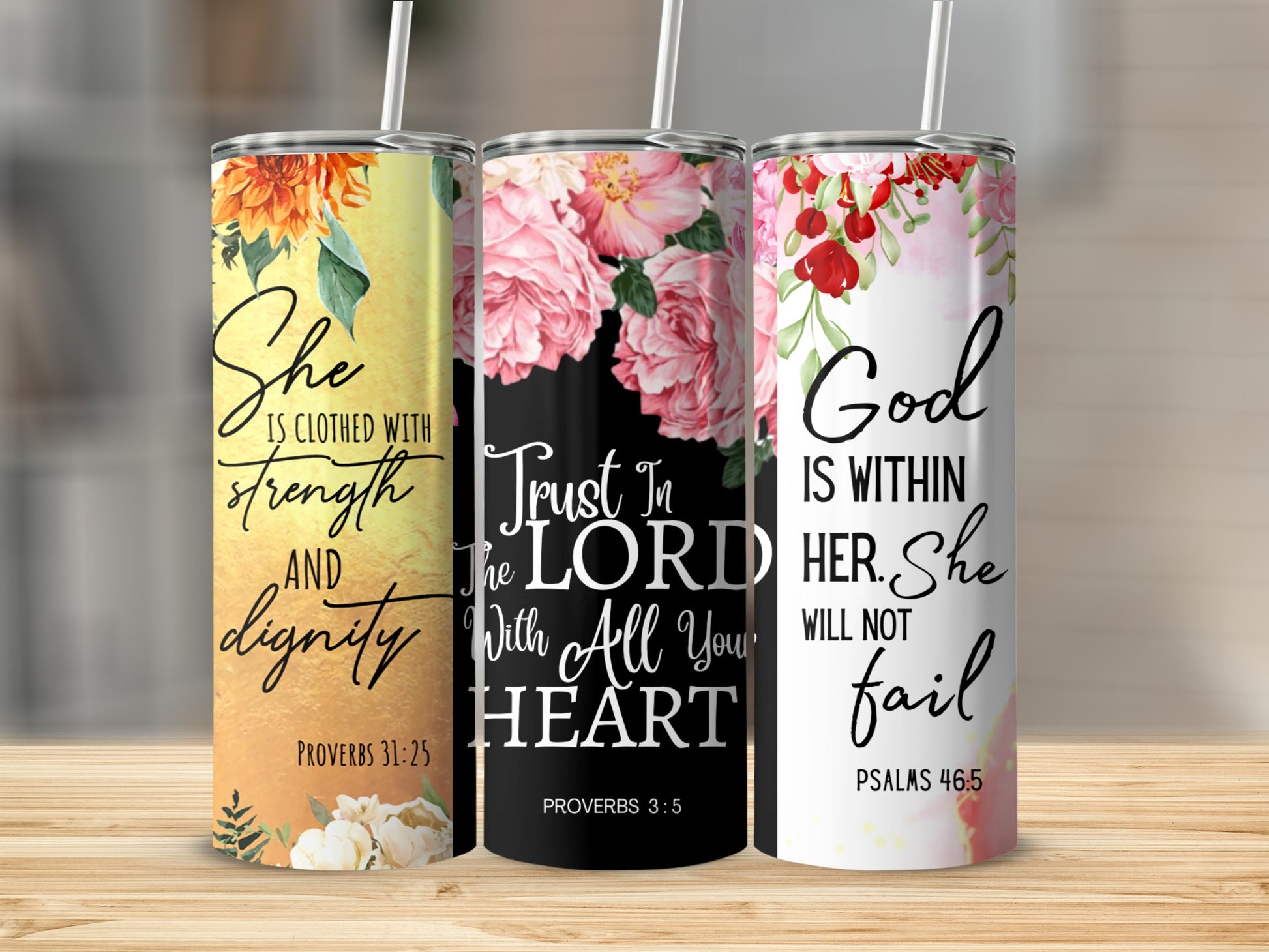 Inspirational Bible Verses Floral Drink Tumbler Set