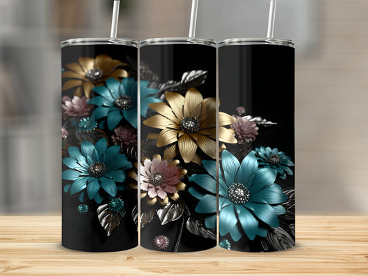 Three tumblers with metallic teal, gold, and pink floral designs.
