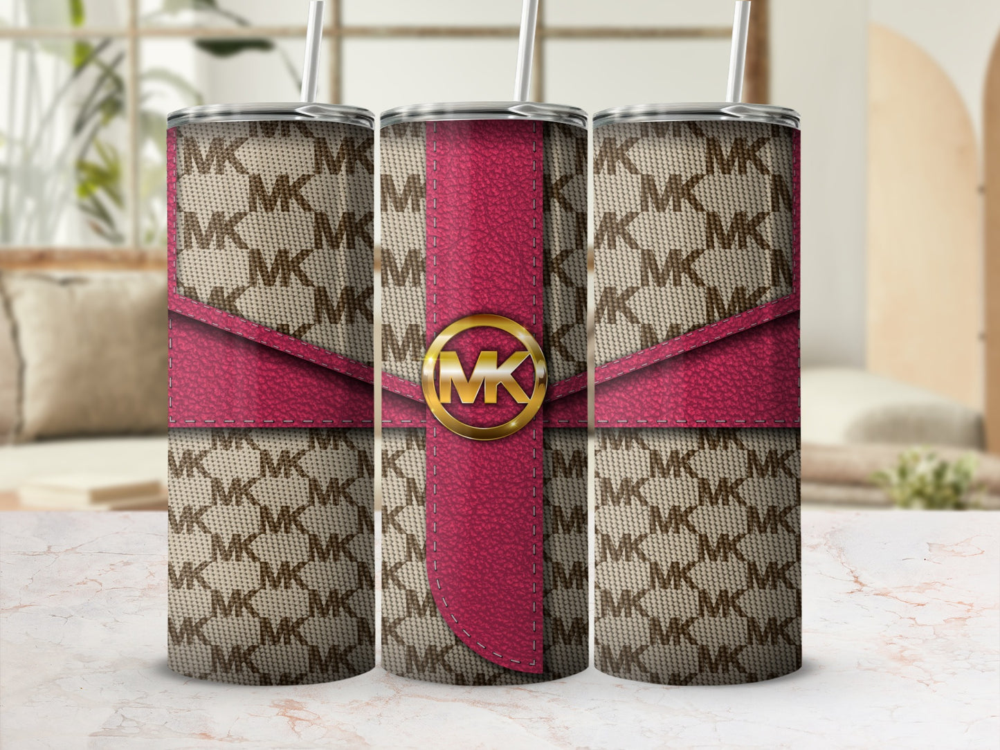 Elegant Pink and Brown Patterned MK Tumbler