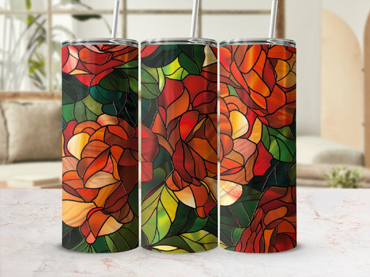 Three tumblers with a stained glass floral pattern.