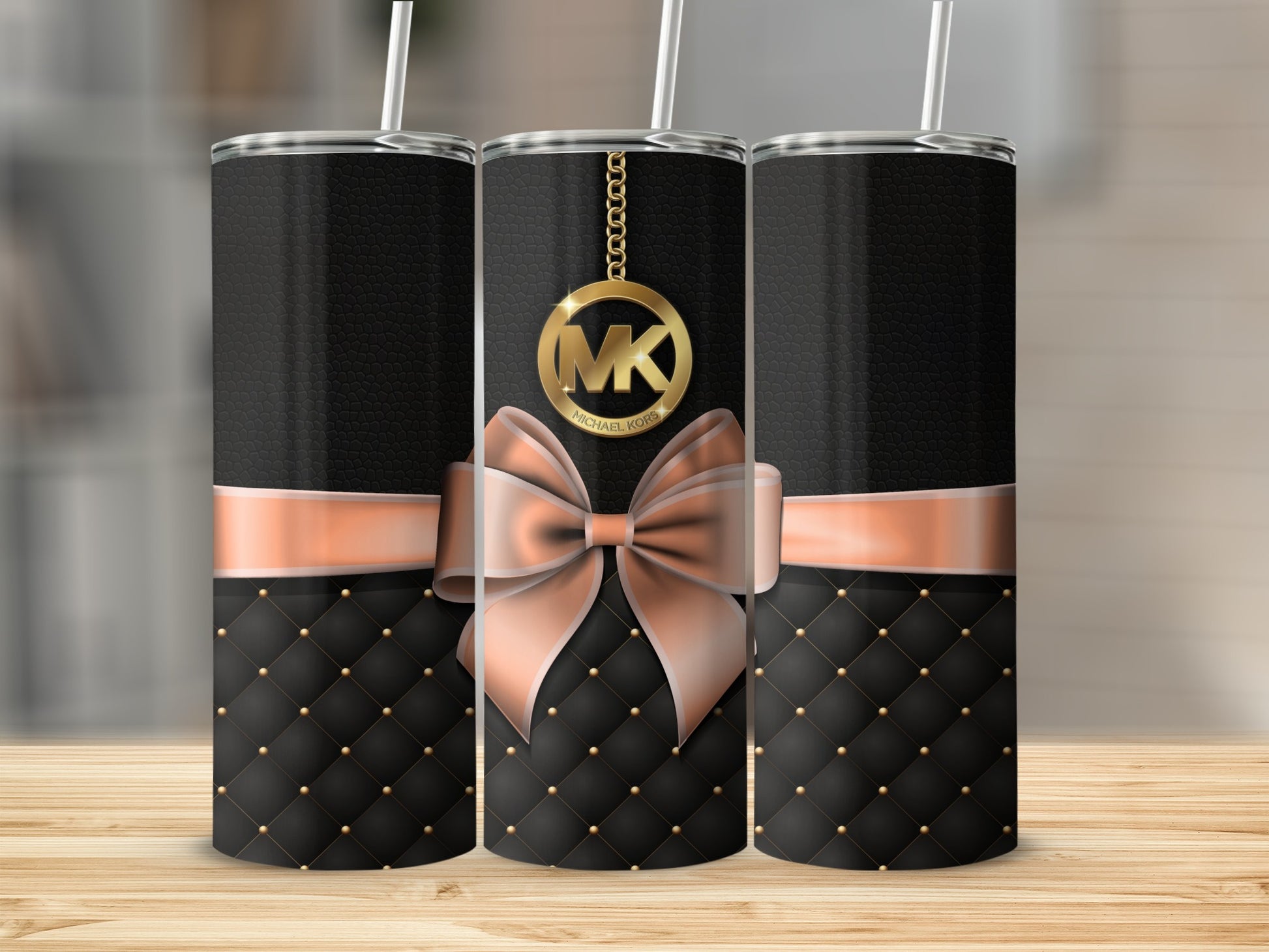 Elegant Quilted Black and Gold Tumbler with Bow Design