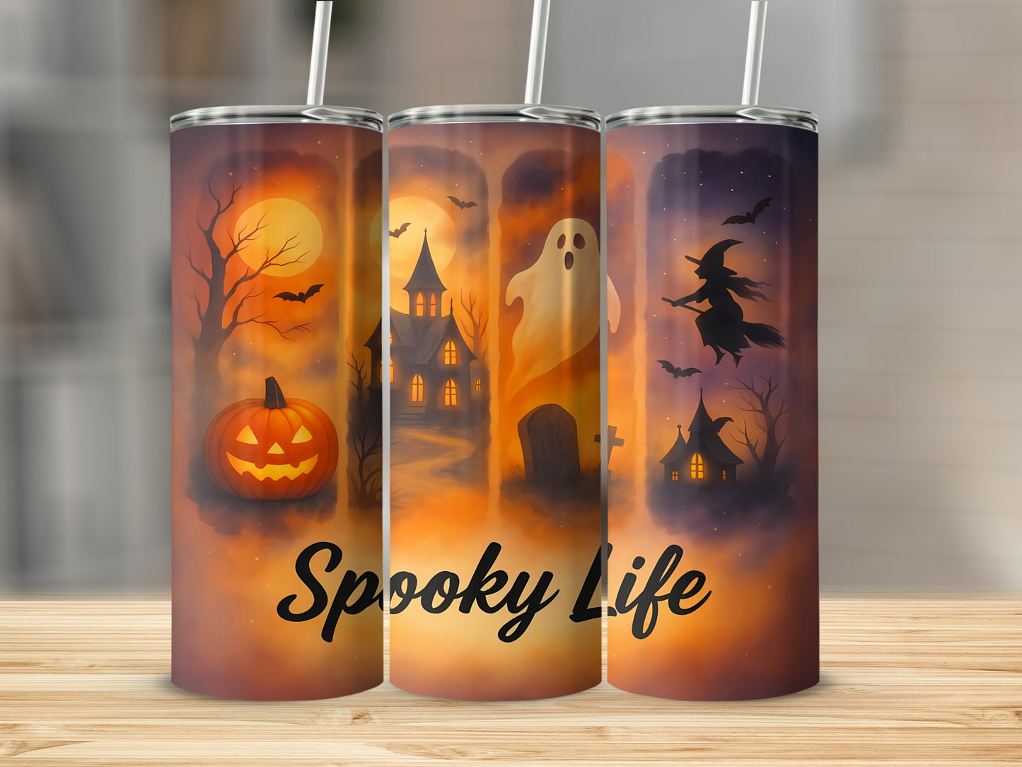 Three tumblers with Halloween scenes, including a pumpkin, ghost, and witch, with text "Spooky Life".