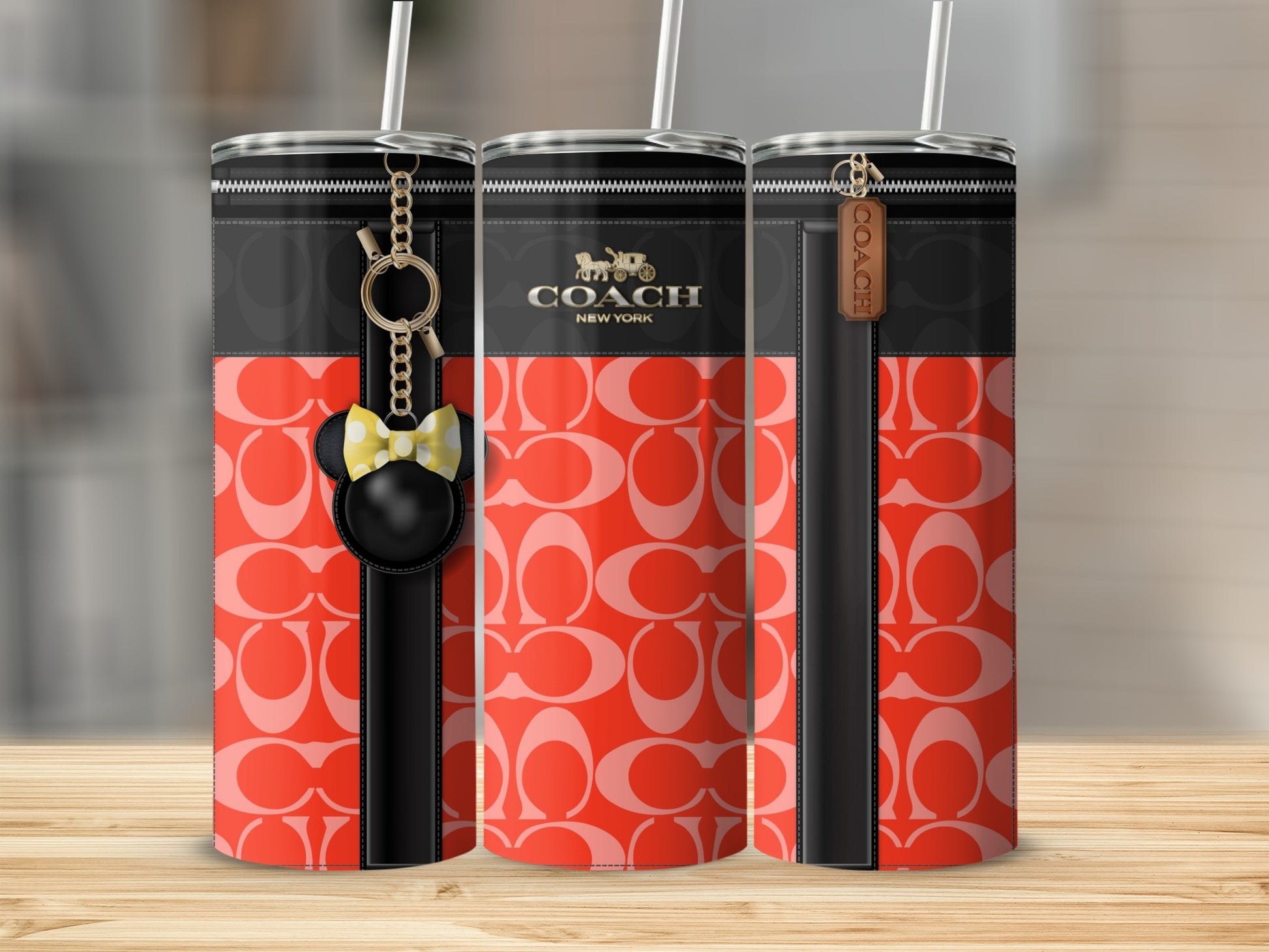 Stylish Red Patterned Insulated Tumbler with Keychains