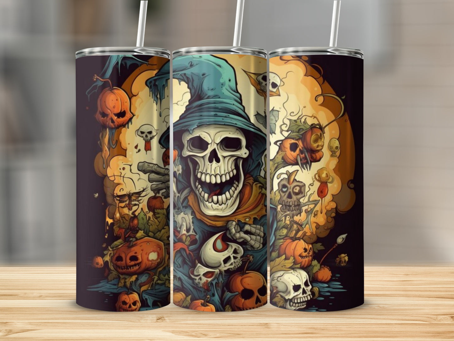 Three tumblers featuring a Halloween skeleton, pumpkins, and skulls design.
