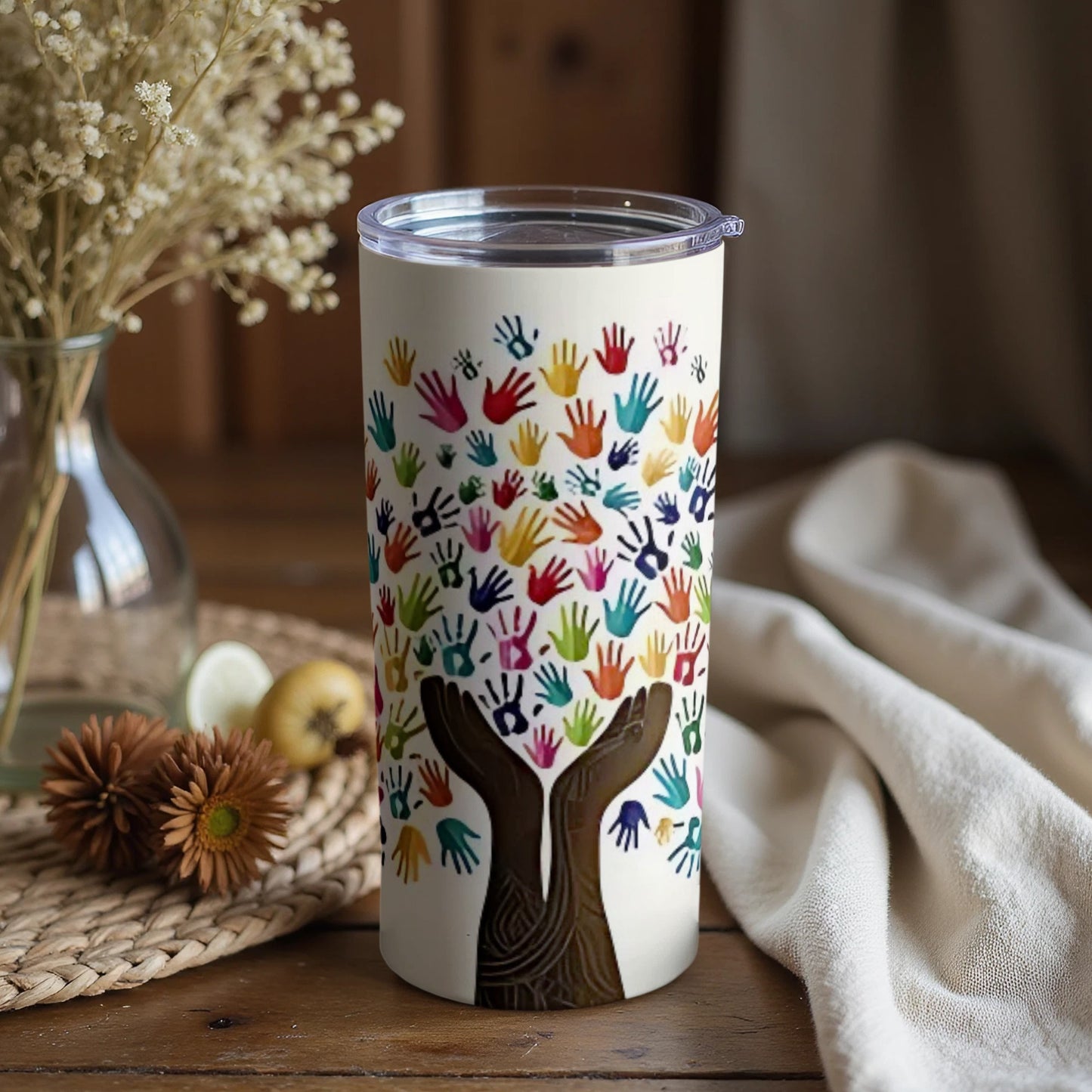 Colorful Handprint Tree Design Travel Tumbler Product