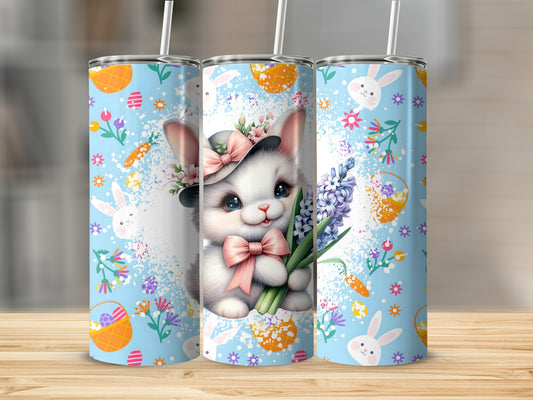 Adorable Bunny Floral Design Tumbler Cup with Straw