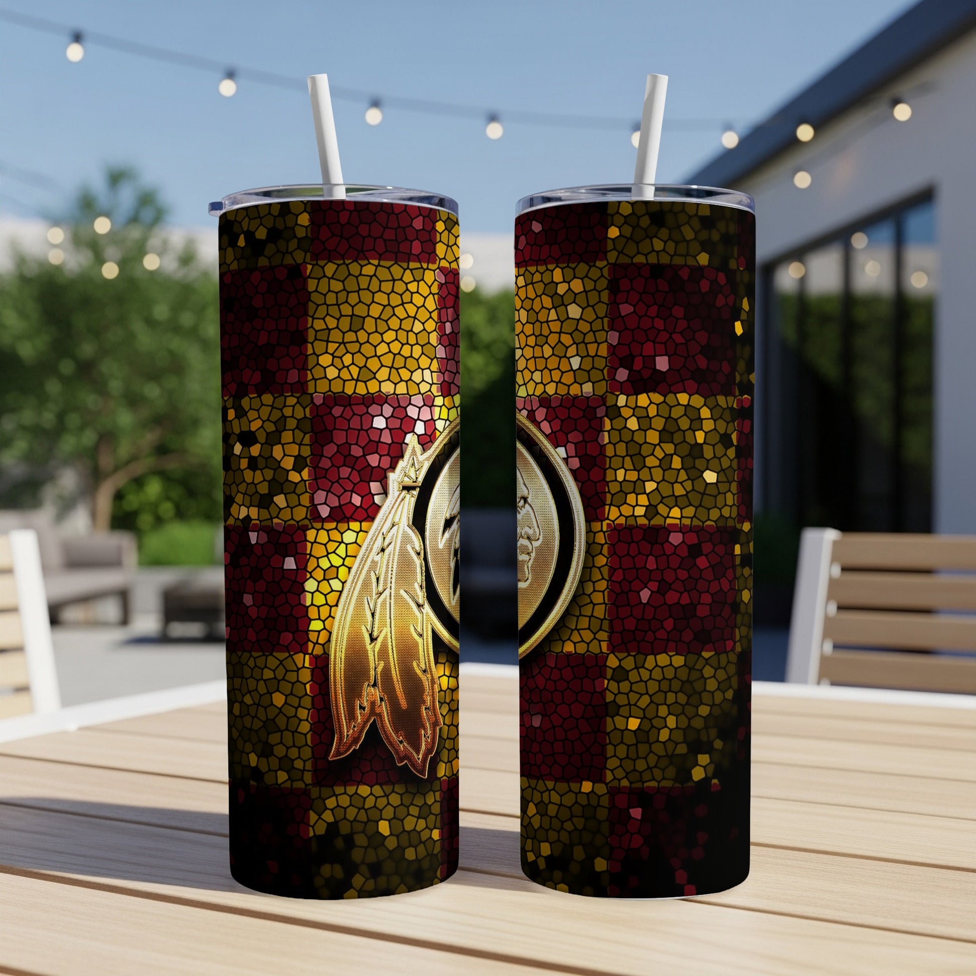 Two tumblers with a mosaic pattern of red and gold, featuring a football team logo.