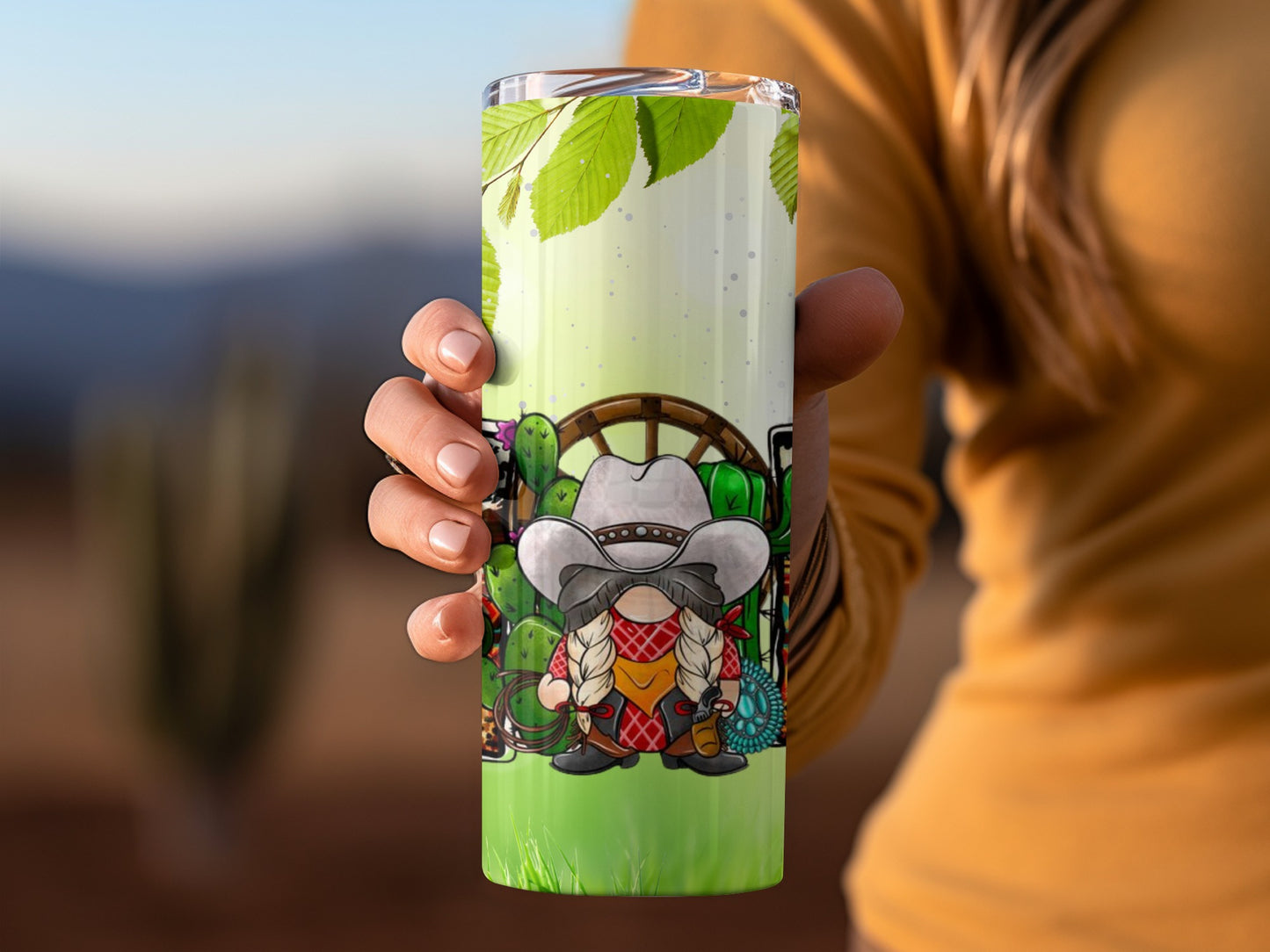 Cute Gnome Cowboy Design with Cactus Tumbler Cup