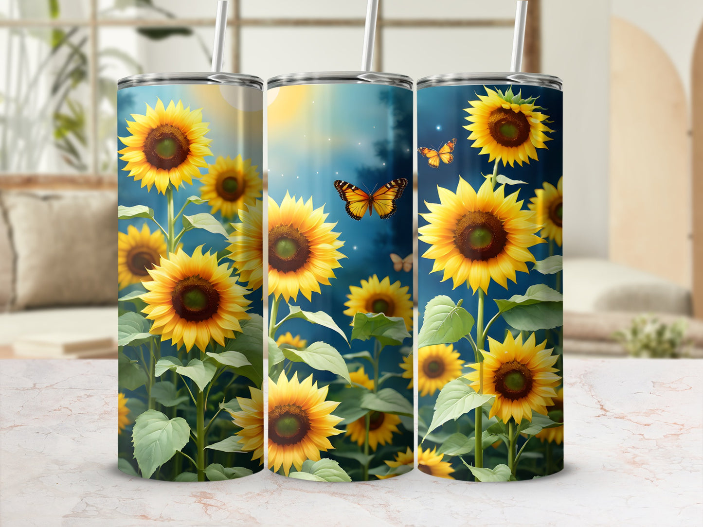 Sunflower tumbler with butterflies and sunlight on a marble countertop.